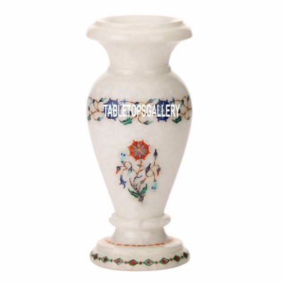 7"x3'' Marble White Flower Vase Fine Inlay Semi Precious Arts Decor Gift H3607   273406203078